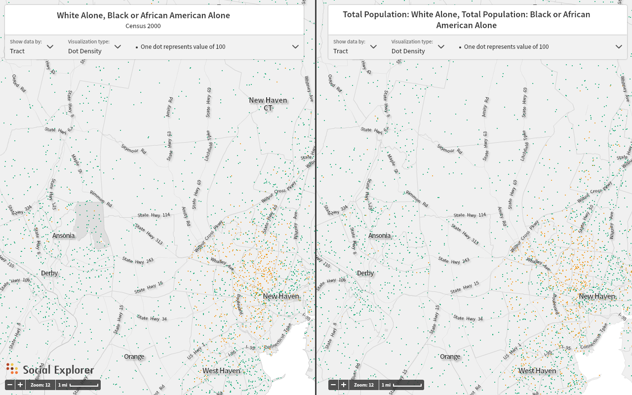 Fig. 1: Change in population density of whites (green dots) and blacks (yellow dots) from 2000-2014